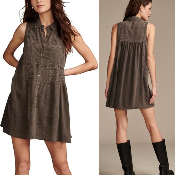 Lucky Brand Collared Tiered Dress in Raven/ brown-gray, size S NWT - Picture 2 of 12